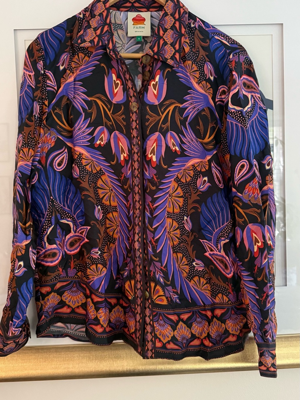 FARM Rio Black Floral-Print Button-Up Blouse with Purple & Orange Accents